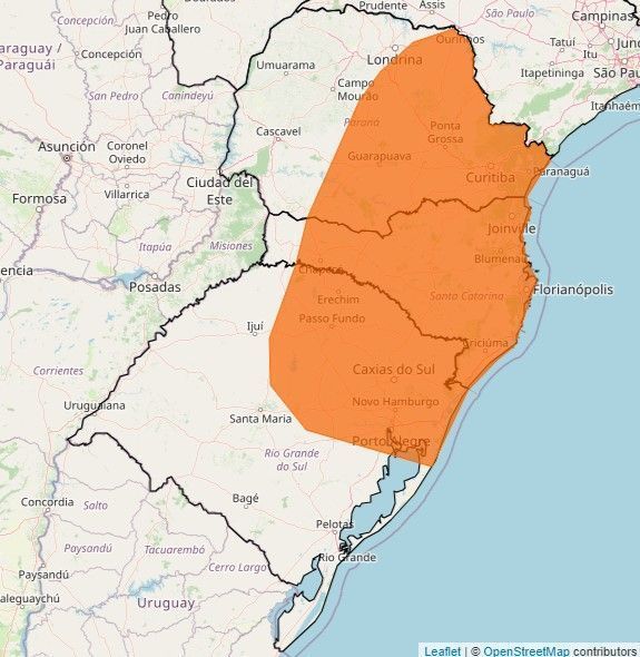 Alerta para tempestades na região Sul do Brasil, válido até o dia 2 de janeiro • Reprodução/Inmet