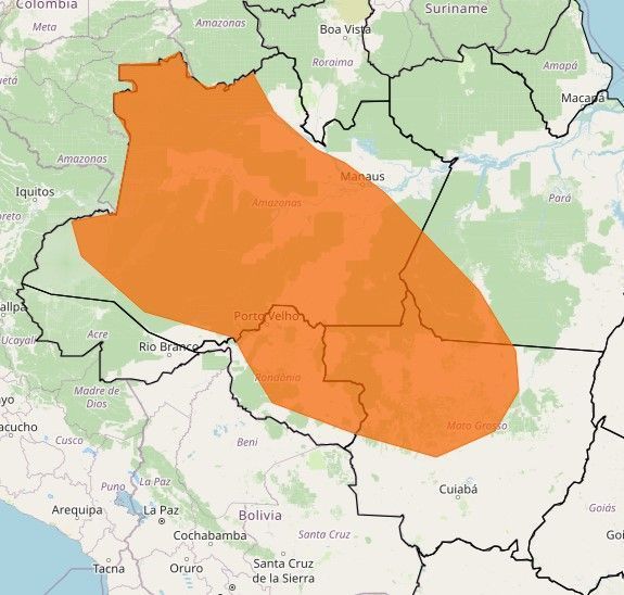Alerta para chuvas intensas nas regiões Norte e Centro-Oeste do Brasil, válido até o dia 2 de janeiro • Reprodução/Inmet