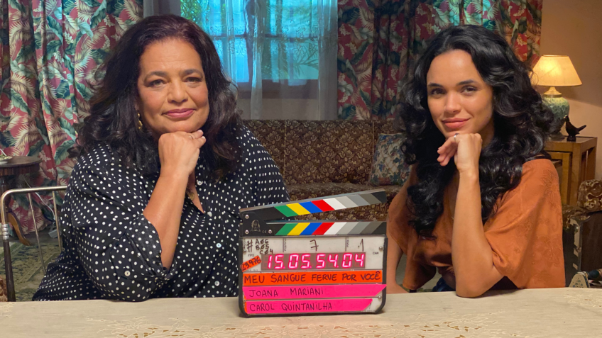 Magali West ao lado de Giovana Cordeiro, atriz que a interpreta no filme "Meu Sangue Ferve Por Você". • Disney+