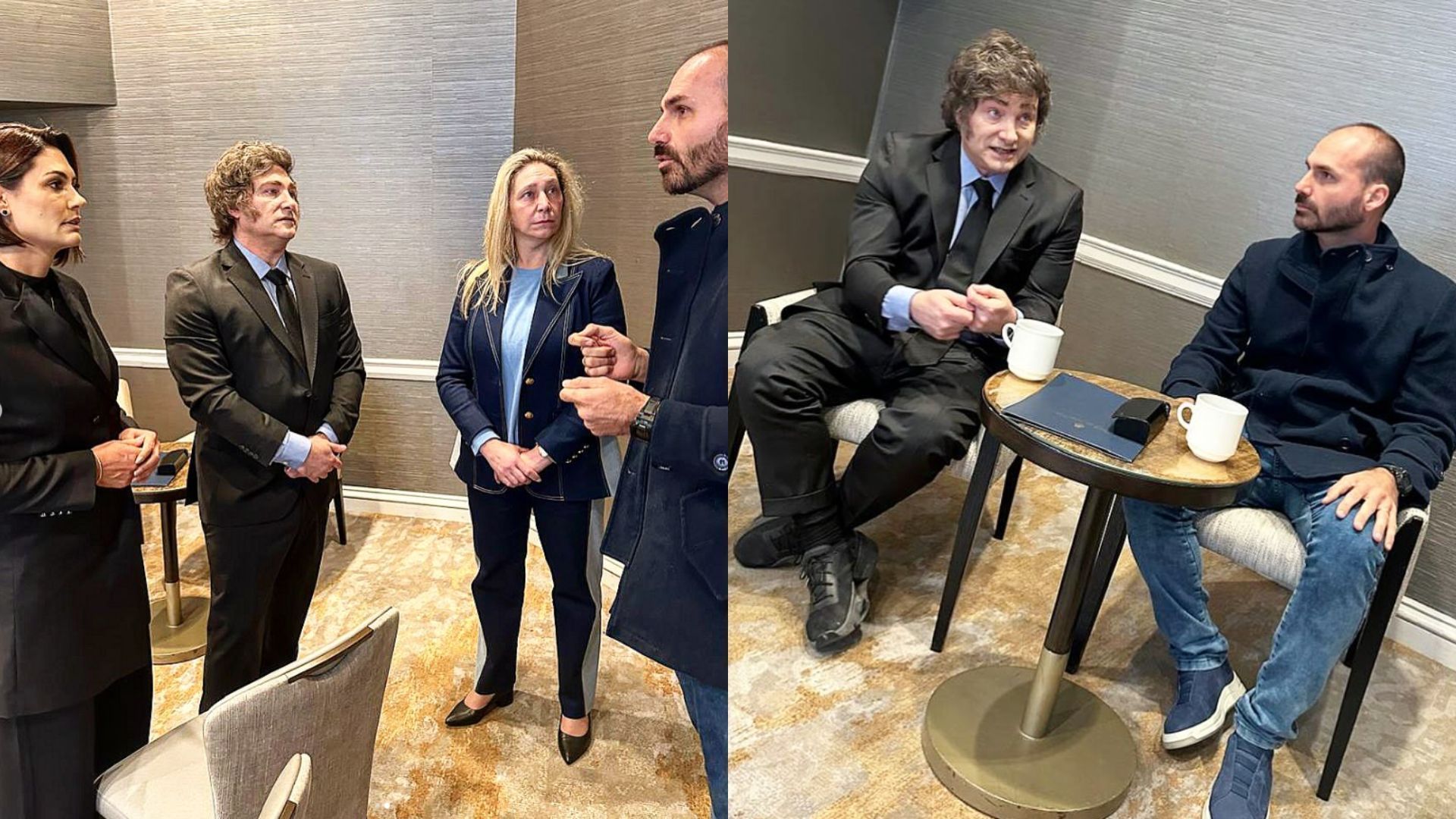 O deputado federal Eduardo Bolsonaro (PL-SP), a ex-primeira dama Michelle Bolsonaro, o presidente argentino Javier Milei e sua irmã, a Secretária-Geral Karina Milei