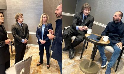 O deputado federal Eduardo Bolsonaro (PL-SP), a ex-primeira dama Michelle Bolsonaro, o presidente argentino Javier Milei e sua irmã, a Secretária-Geral Karina Milei