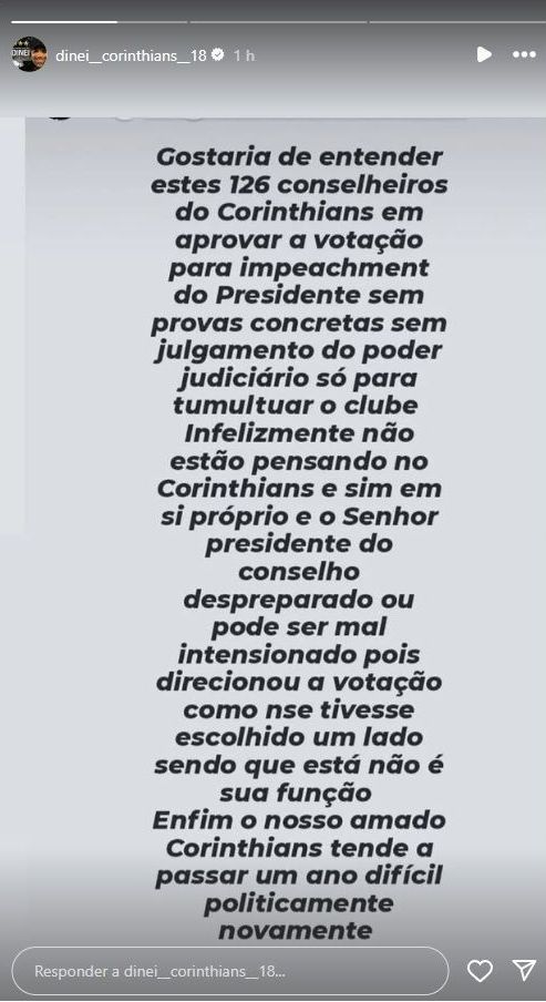 Dinei posta mensagem em apoio ao presidente do Corinthians, Augusto Melo • Reprodução/Instagram