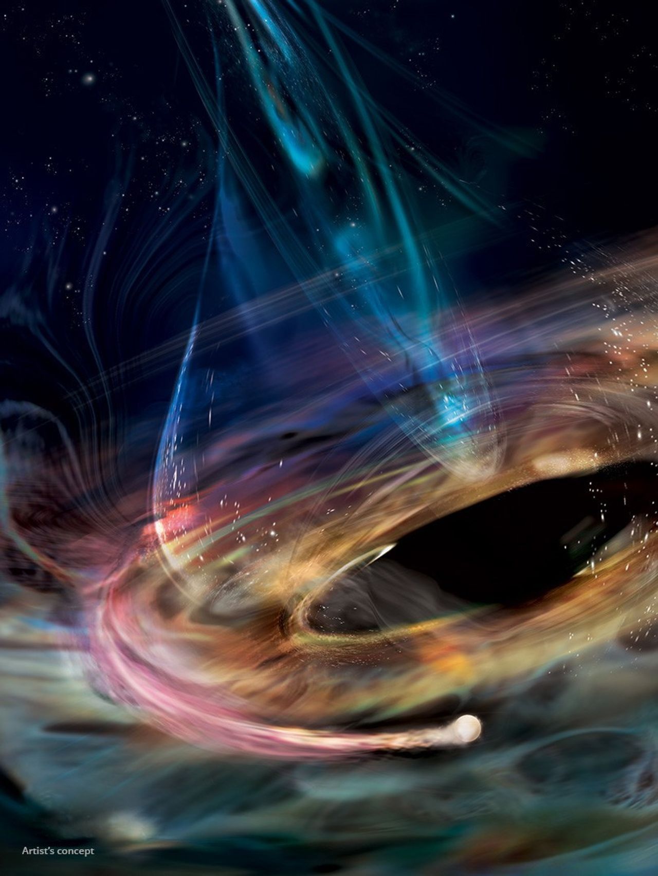Matéria sendo retirada de uma anã branca orbitando dentro do disco de acreção interno do buraco negro de 1ES 1927+654 • NASA/Aurore Simonnet, Universidade Estadual de Sonoma