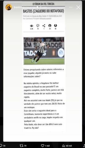 Em seu perfil no Instagram, Bastos compartilha imagem de um texto do portal "Meu Timão" • Reprodução/Instagram