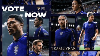 Imagem de divulgação da votação da Seleção do Ano (TOTY) no EA Sports FC 25, com Bellingham, Van Dijk, Griezmann, Bacha, Bonmatí e Lauren James