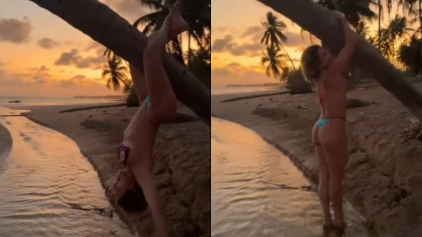 Flávia Alessandra compartilhou um vídeo do momento em que se pendura de cabeça pra baixo • Instagram/Flávia Alessandra