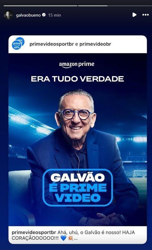 Galvão Bueno anuncia acordo com a Amazon Prime • Reprodução/Instagram