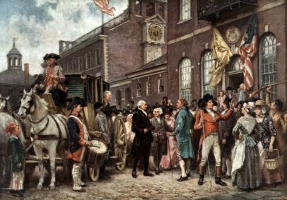Posse de George Washington na Filadélfia por J.L.G. Ferris; imagem mostra Washington chegando ao Congresso na Filadélfia, em 4 de março de 1793