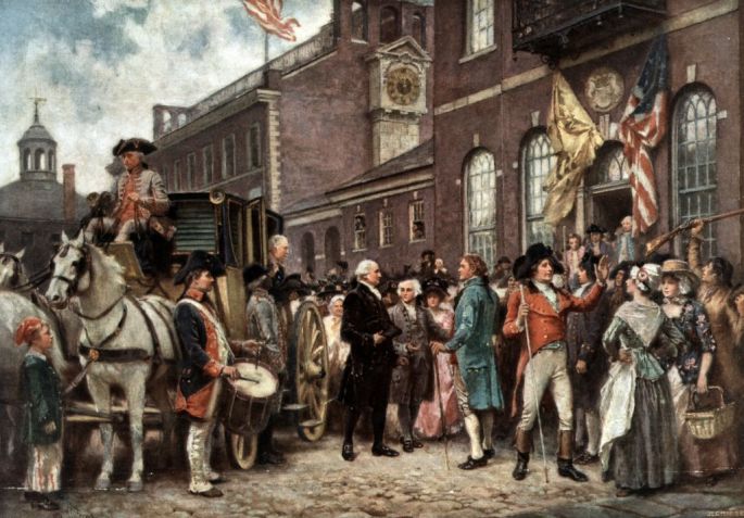 Posse de George Washington na Filadélfia por J.L.G. Ferris; imagem mostra Washington chegando ao Congresso na Filadélfia, em 4 de março de 1793 • Universal History Archive/UIG via Getty images