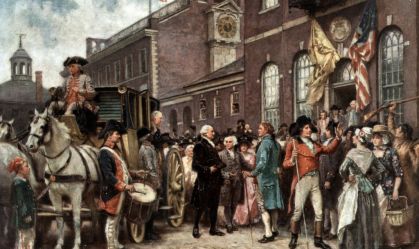 Posse de George Washington na Filadélfia por J.L.G. Ferris; imagem mostra Washington chegando ao Congresso na Filadélfia, em 4 de março de 1793