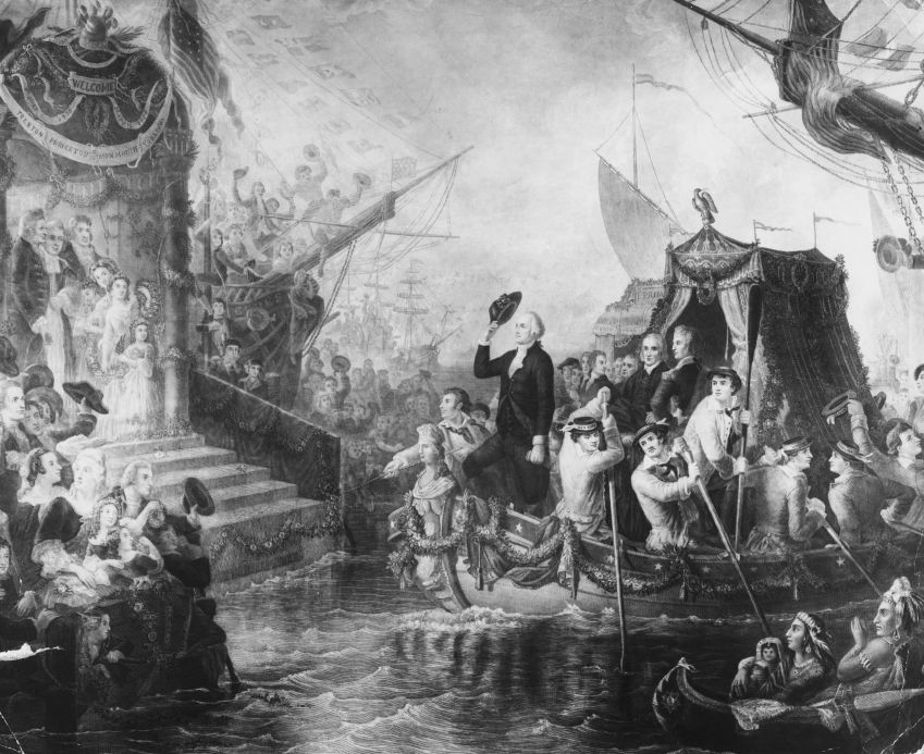 Pintura retrata a chegada do presidente eleito George Washington a Nova York para a primeira cerimônia de posse dos Estados Unidos. • Bettmann / Getty Images