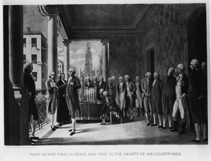 Pintura retrata a posse de George Washington como o primeiro presidente dos EUA, no Federal Hall, em Nova York, em 30 de abril de 1789.. • Archive Photos/Getty Images