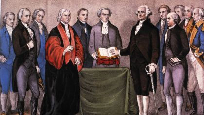 A posse de George Washington, em 1789. Litografia, de Currier & Ives, em 1876.