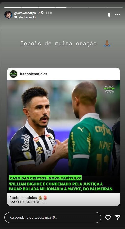 Gustavo Scarpa compartilha notícia da condenação de Willian Bigode • Reprodução/Instagram
