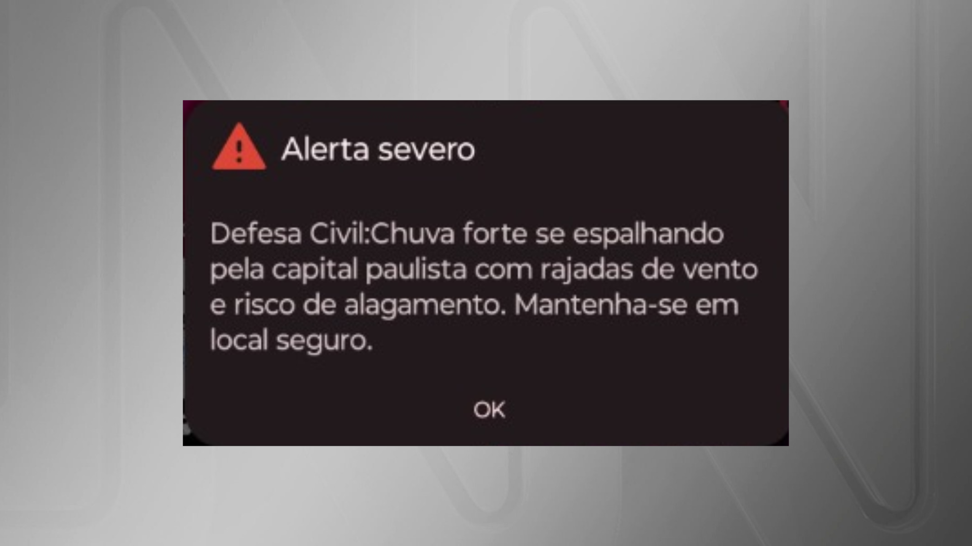 Imagem mostra alerta enviado pela Defesa Civil do estado de São Paulo