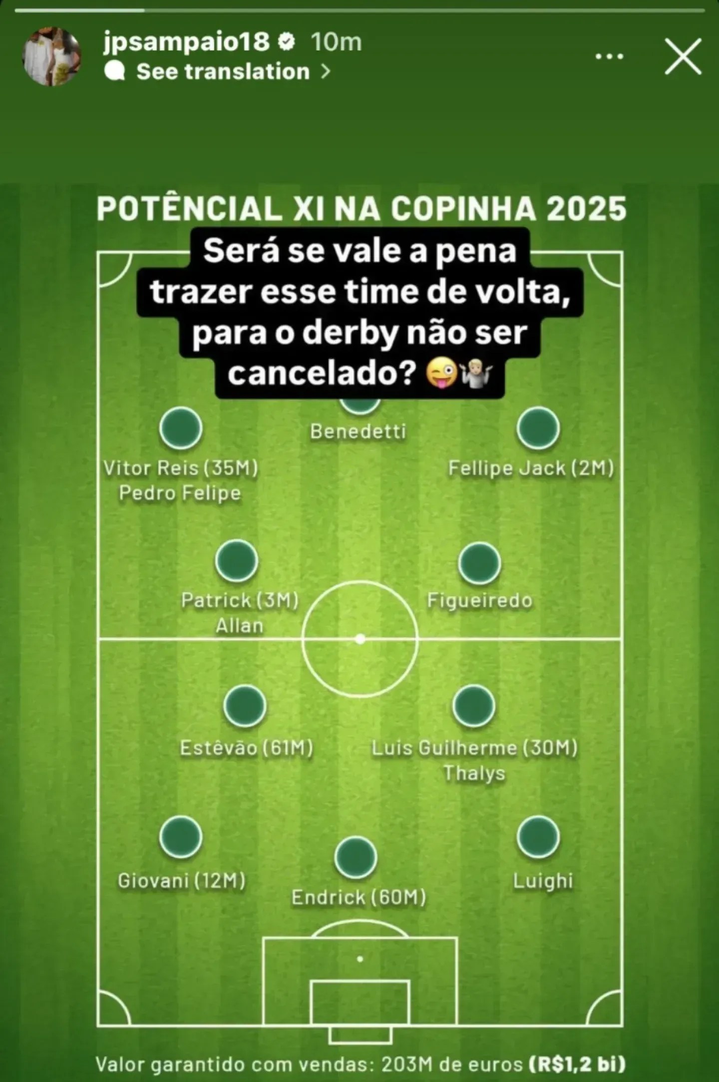 JP Sampaio rebate Corinthians • Reprodução/Instagram