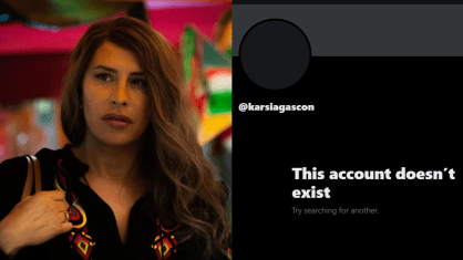 Montagem com Karla Sofía Gascón em "Emilia Pérez" e o X (antigo Twitter) desativado da atriz