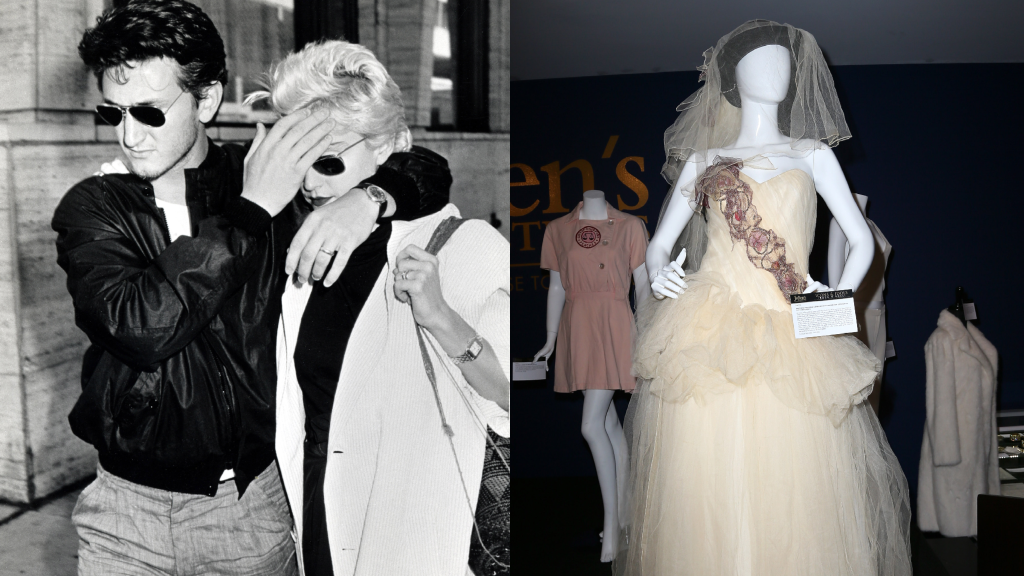 Montagem com Madonna e Sean Penn, e vestido de casamento da Madonna