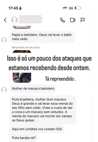 Natalia Belloli, esposa de Raphinha, publica prints de ataques que recebeu nas redes sociais • Reprodução/Instagram