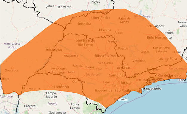 Inmet emitiu alerta de perigo para chuvas intensas que podem chegar a 60 mm/h ou 100 mm/dia e ventos intensos que variam entre 60 e 100km/h