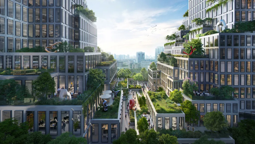 Os dois volumes do Urban Glen cairão em cascata em um vale artificial • Büro Ole Scheeren