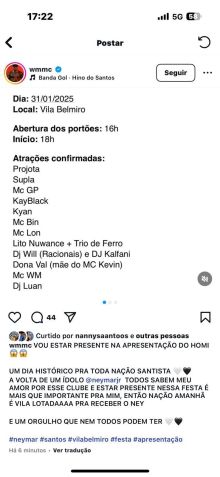 WM MC vazou a programaçõ da festa de apresentação de Neymar no Santos • Reprodução