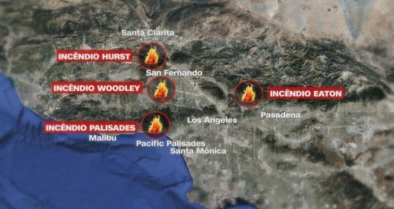 Mapa mostra os quatro incêndios que atingem o condado de Los Angeles, California, EUA. • Reprodução