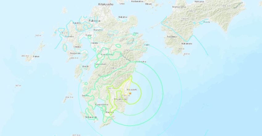 Mapa mostra região sul do Japão atingida por terremoto nesta segunda-feira (13). • USGS