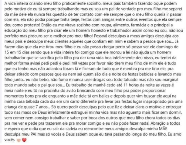Postagem do suspeito de matar mulher com tiros em frente a hospital no Rio Grande do Sul • Reprodução/Redes Sociais