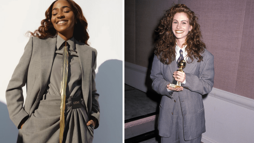 Ayo Edebiri utilizou um terno cinza, inspirado por modelito de Julia Roberts em 1990 • Foto 1: Instagram/Ayo Edebiri | Foto 2: Ron Galella, Ltd./Ron Galella Collection via Getty Images