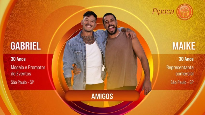 Gabriel e Maike, que são amigos, foram apresentados no grupo Pipoca do BBB25 • Divulgação/Globo