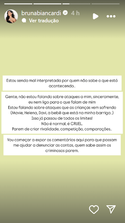 Influenciadora falou sobre ataques à Mavie, Helena, Davi Lucca e à segunda filha que espera com Neymar • Instagram/Bruna Biancardi