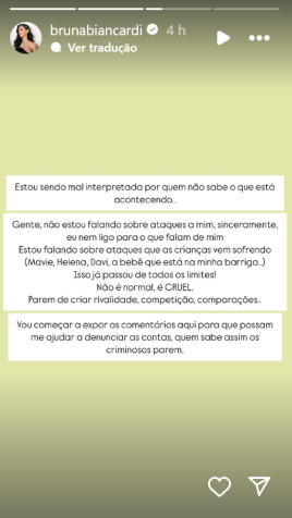 Influenciadora falou sobre ataques à Mavie, Helena, Davi Lucca e à segunda filha que espera com Neymar • Instagram/Bruna Biancardi