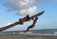 Bruna Marquezine e João Guilherme posam pendurados em coqueiro na praia