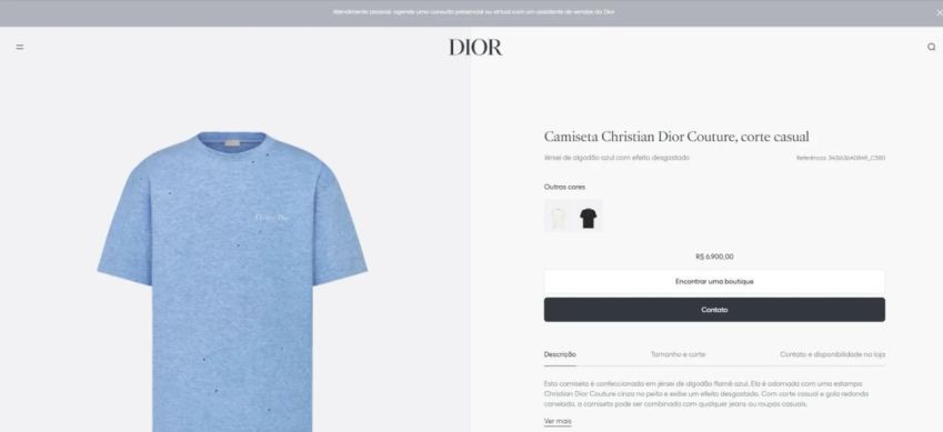 Camisa que Dudu usou à venda por R$ 6.900 no site da Dior • Reprodução/Dior