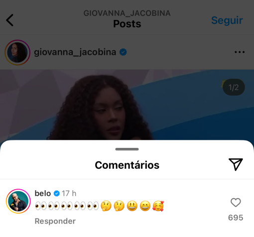 Comentário de Belo em publicação no perfil de Giovanna • Reprodução/Instagram