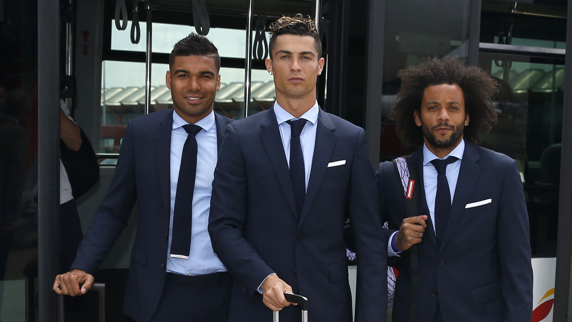Cristiano Ronaldo ao lado de Casemiro e Marcelo, na época do Real Madrid