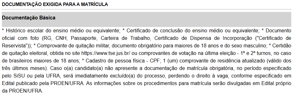 Documentos exigidos na matrícula • MEC