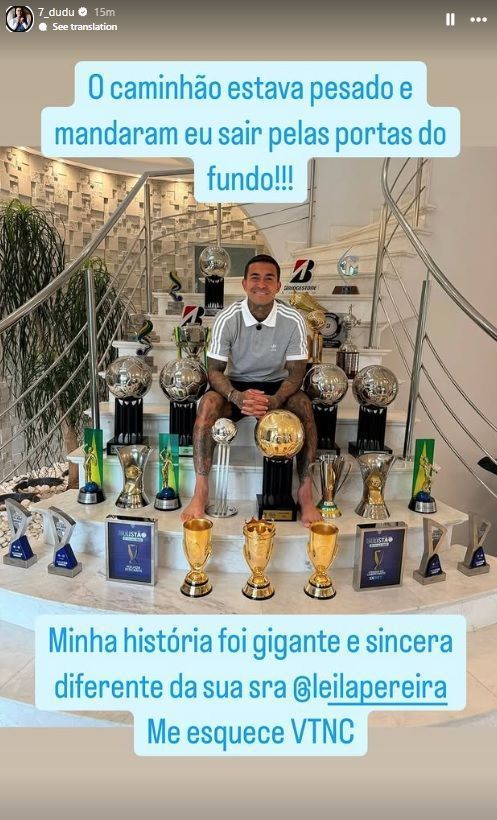 Dudu fez uma postagem em resposta à Leila Pereira, presidente do Palmeiras • Reprodução/Instagram Dudu