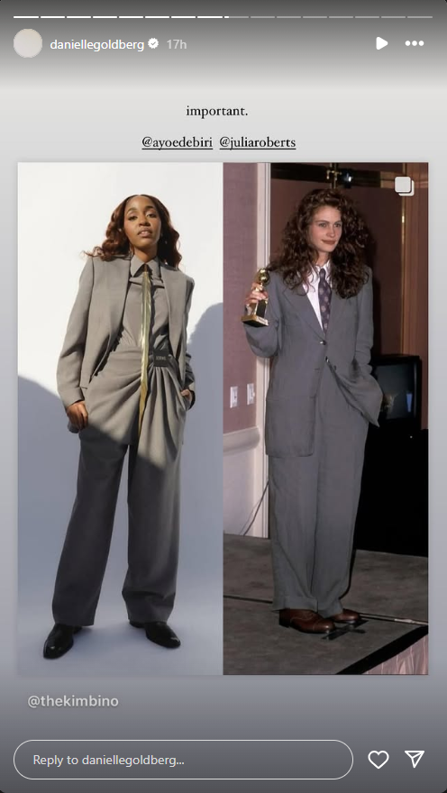 Estlisita Danielle Goldberg compartilhou uma publicação onde compara os looks de Ayo Edebiri e Julia Roberts • Instagram/Danielle Goldberg