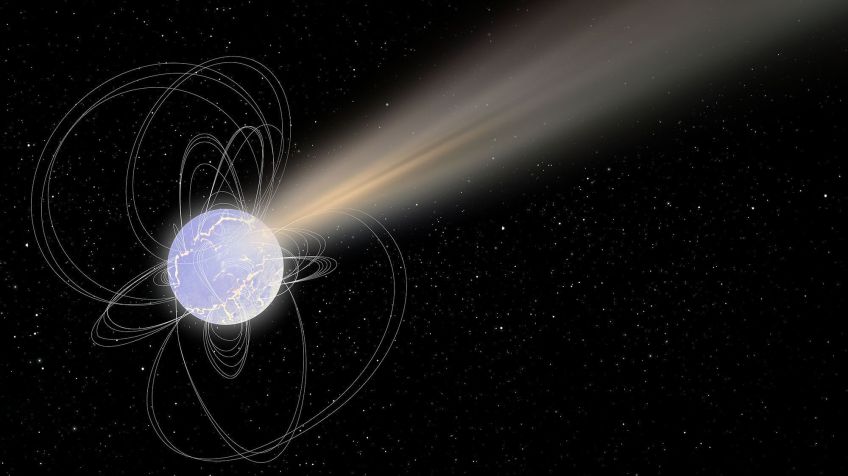 Uma ilustração artística retrata ondas de rádio e raios X sendo liberados de um magnetar, um remanescente estelar altamente magnetizado. Os magnetares são a provável fonte de muitas explosões rápidas de rádio • ESA via CNN Newsource