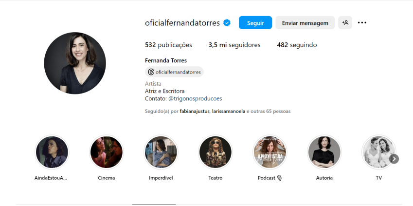 Na tarde desta terça-feira (7), Fernanda Torres acumulava 3,5 milhões de seguidores no Instagram • Instagram/Fernanda Torres