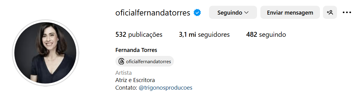 Atriz Fernanda Torres atingiu mais de 3 milhões de seguidores nesta segunda-feira (6) • Instagram/Fernanda Torres