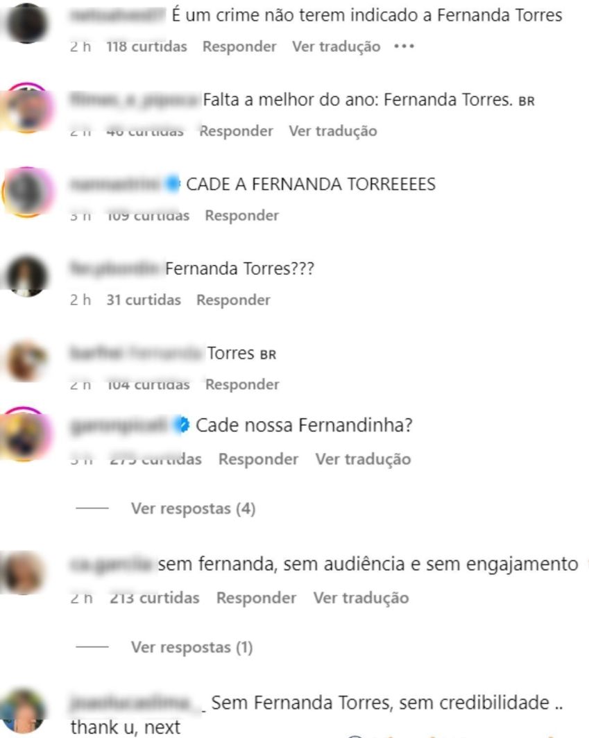 Brasileiros reclamaram da ausência de Fernanda Torres entre os concorrentes da premiação • Instagram/SAG Awards