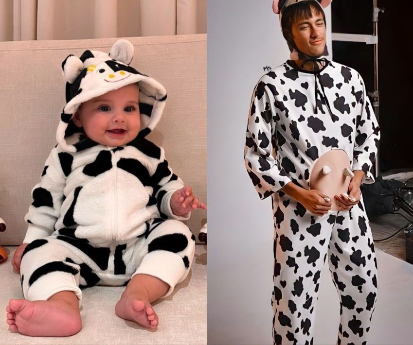 Confira montagem feita por página de fãs de Amanda mostrando o jogador e a filha vestidos de vaquinha • Instagram/amanda kimberlly
