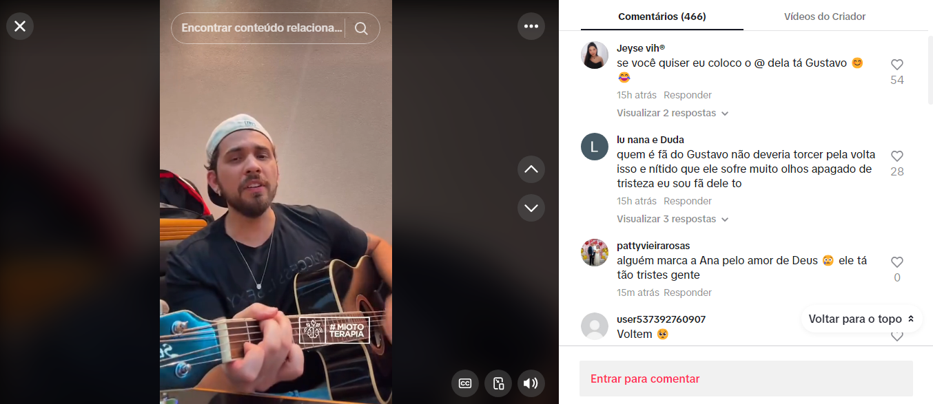 Gustavo Mioto publica cover da música "Fala", de Edson e Hudson, e fãs o acusam de indireta para ex, Ana Castela • TikTok/Gustavo Mioto