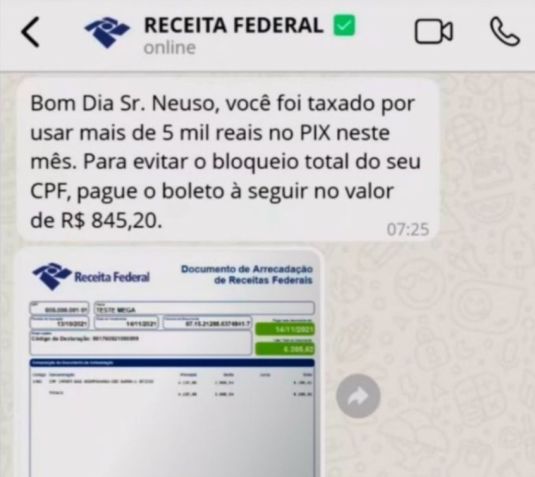 Print da tentativa de golpe sobre o Pix de R$ 5 mil • Divulgação: Receita Federal