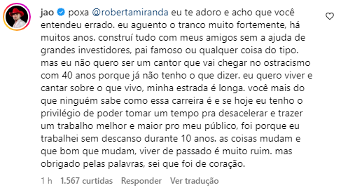 Jão respondeu crítica de Roberta Miranda • Instagram/Roberta Miranda/Léo Dias