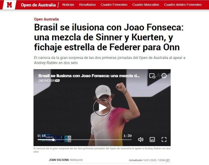Jornal Marca comparou João Fonseca a Guga • Reprodução