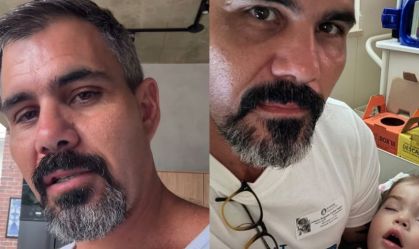 Juliano Cazarré posa com a filha que ainda está internada